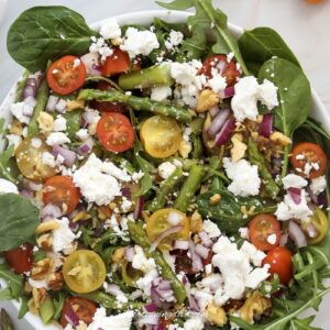 An overhead picture of asparagus goat cheese salad