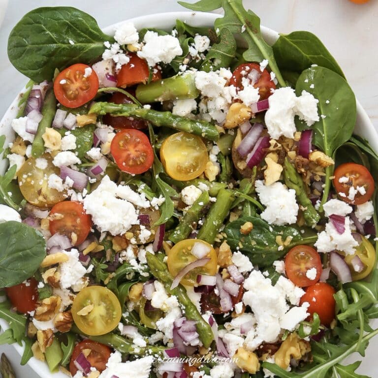 An overhead picture of asparagus goat cheese salad