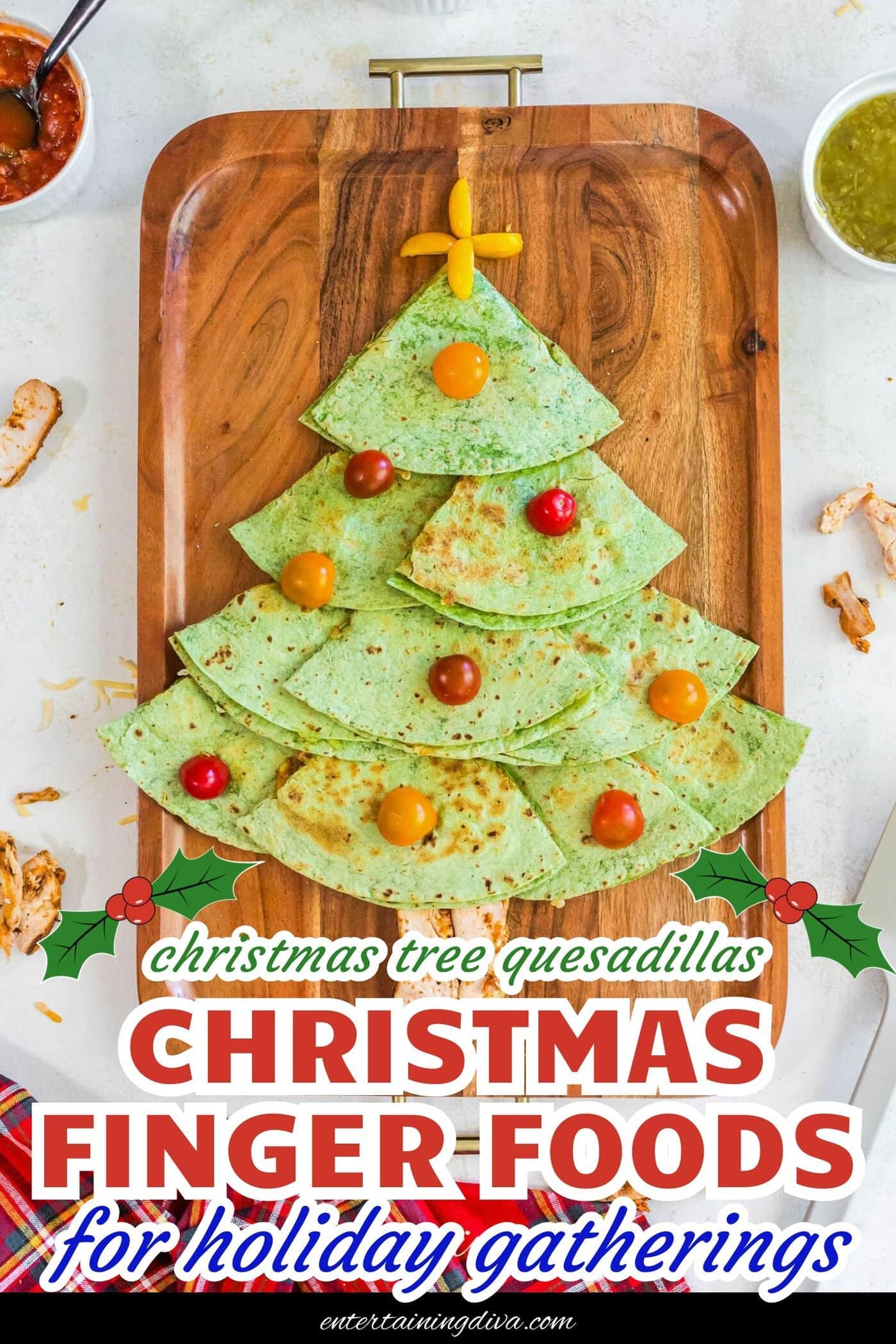 Christmas tree quesadillas with cherry tomatoes used as ornaments