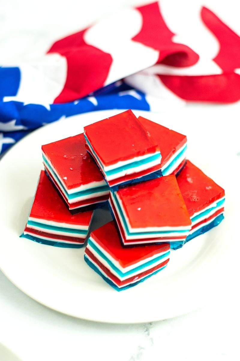 red, white and blue layered jello jigglers
