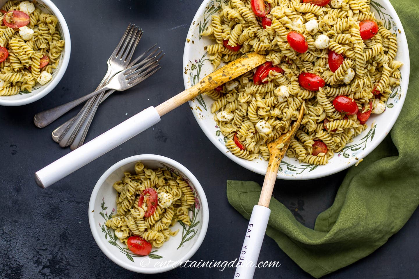 3 bowls of 4-ingredient pasta salad on a table with salad spoons