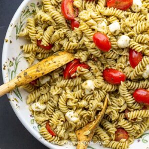 close up of 4-ingredient caprese pasta salad