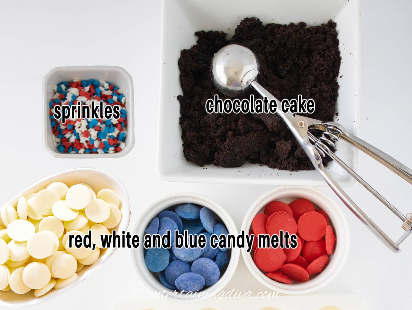 4th of July cakesicle ingredients - chocolate cake, red, white and blue candy melts and sprinkles