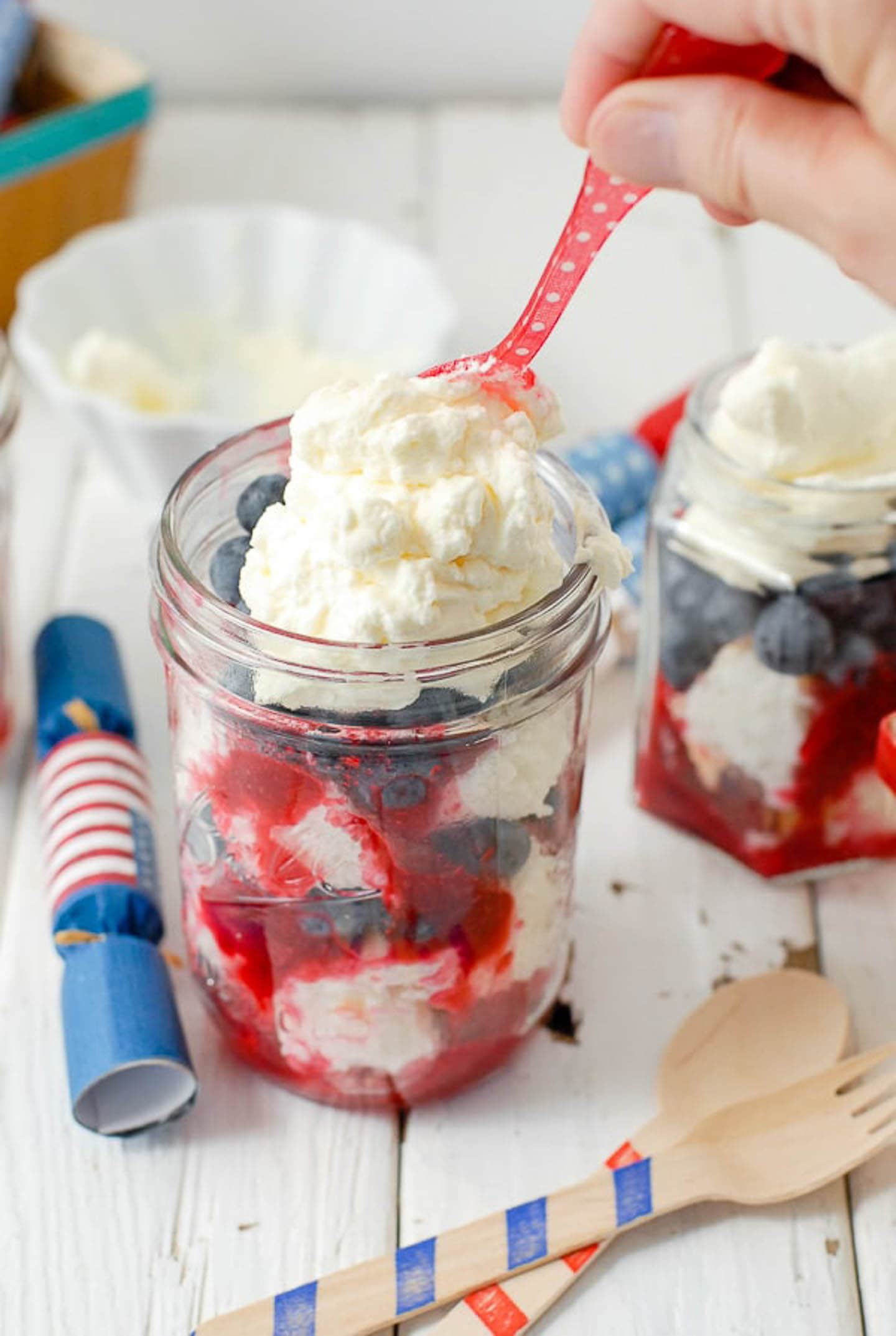easy red white and blue trifles in a jar