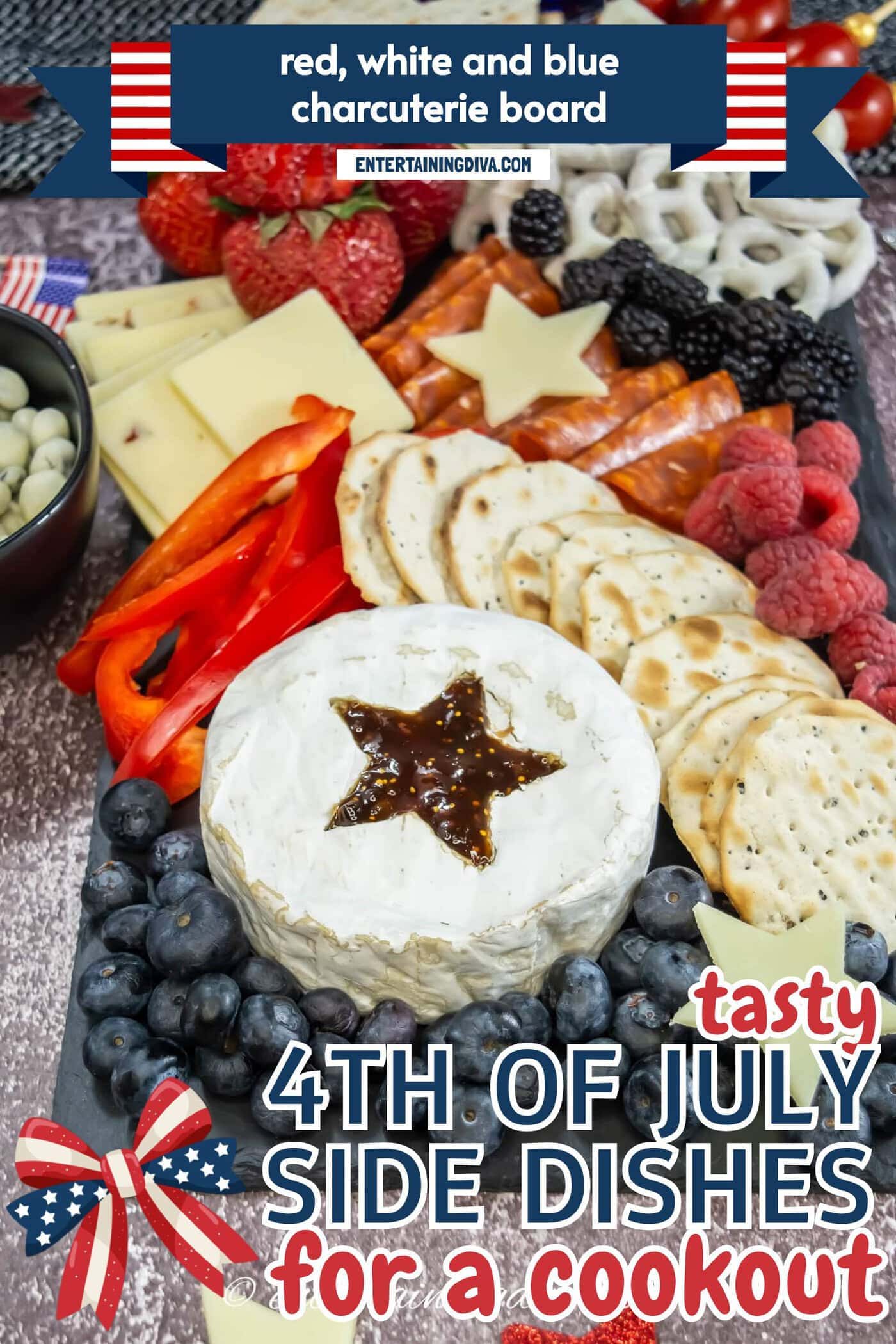 close up of brie with a star cut in the top of it on a 4th of July charcuterie board