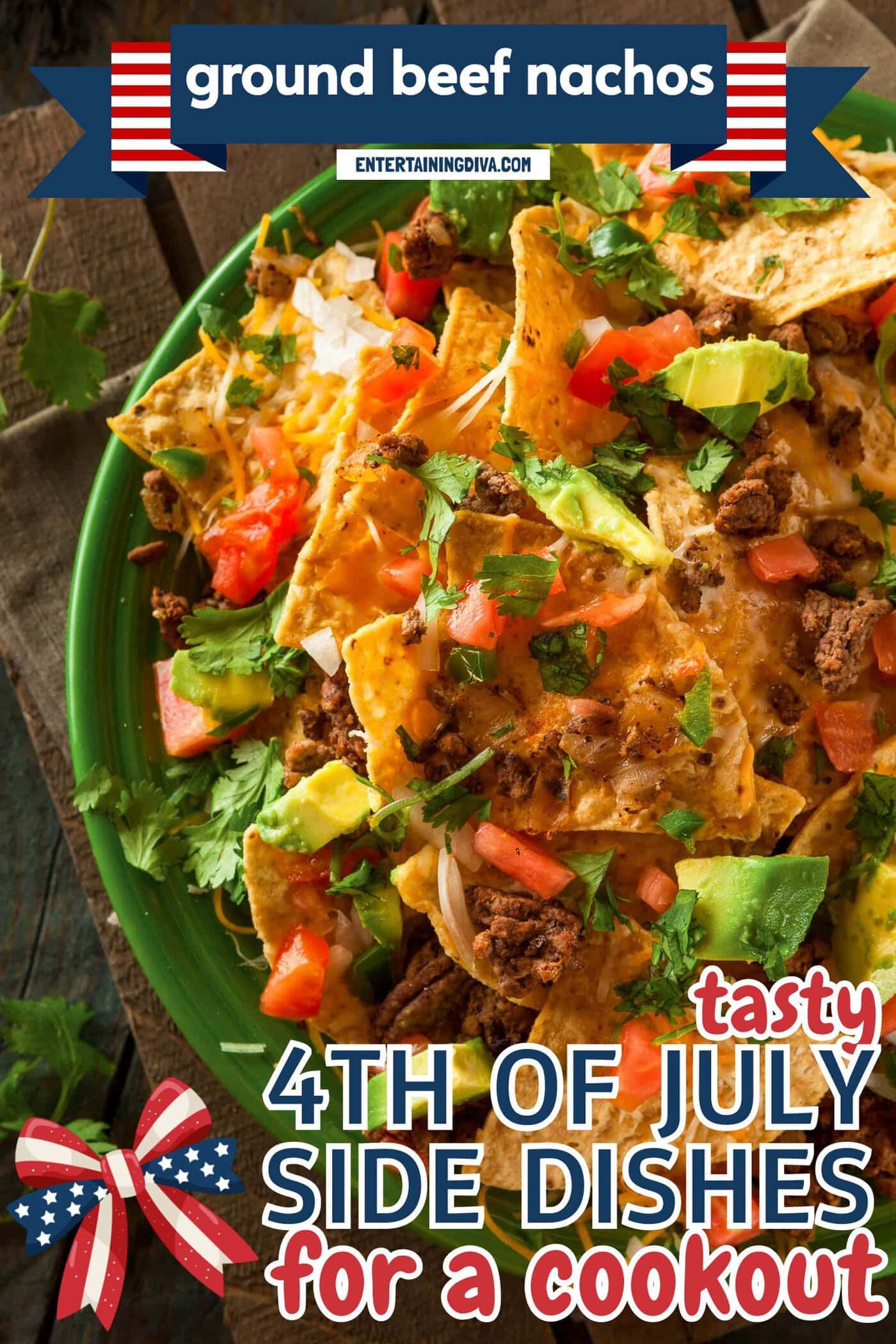 Overhead of loaded ground beef nachos on a green plate