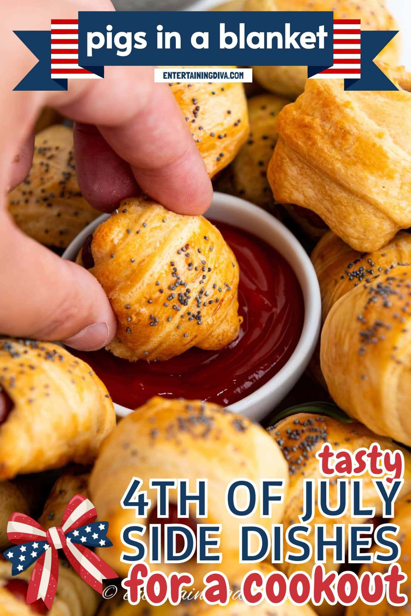 A hand dips a pastry-wrapped sausage roll topped with poppy seeds into a bowl of ketchup, surrounded by more sausage rolls.