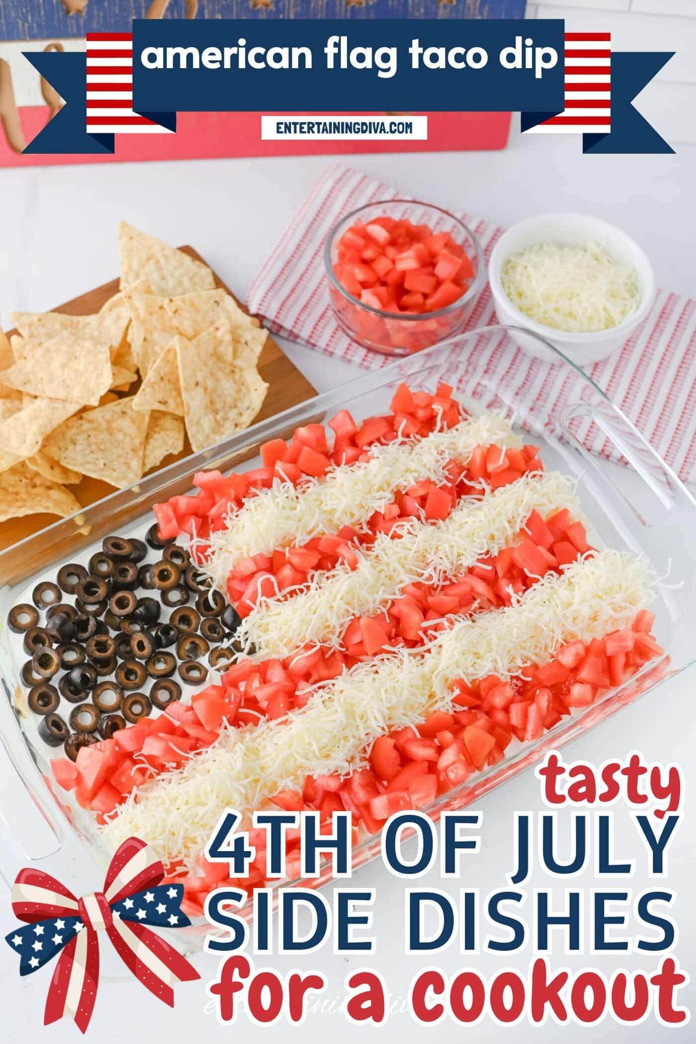 A rectangular tray of dip decorated like the American flag with tomato, cheese, and black olives, next to a plate of tortilla chips and a bowl of chopped tomatoes.