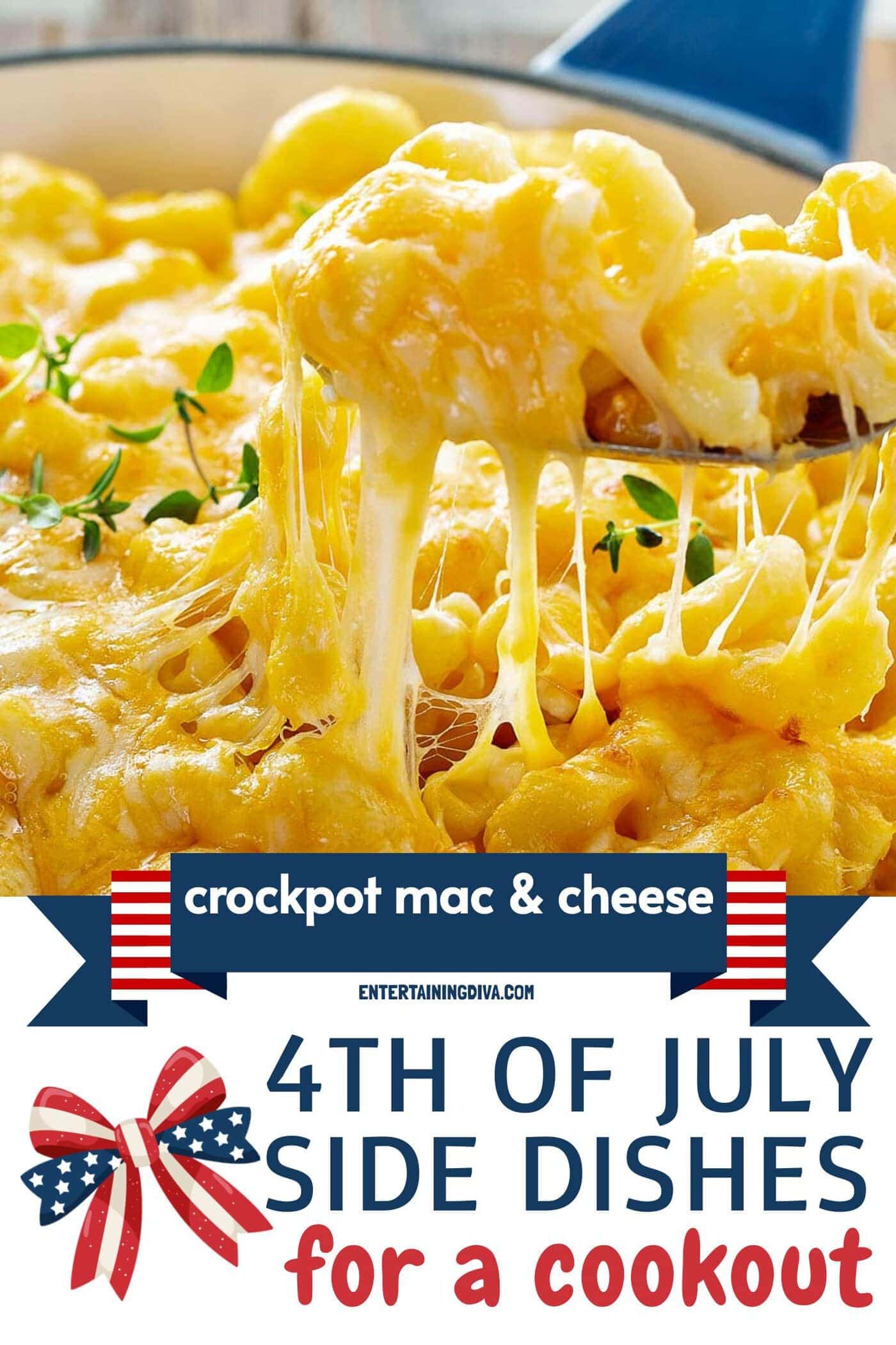 slow cooker macaroni and cheese on a fork above a bowl of it.