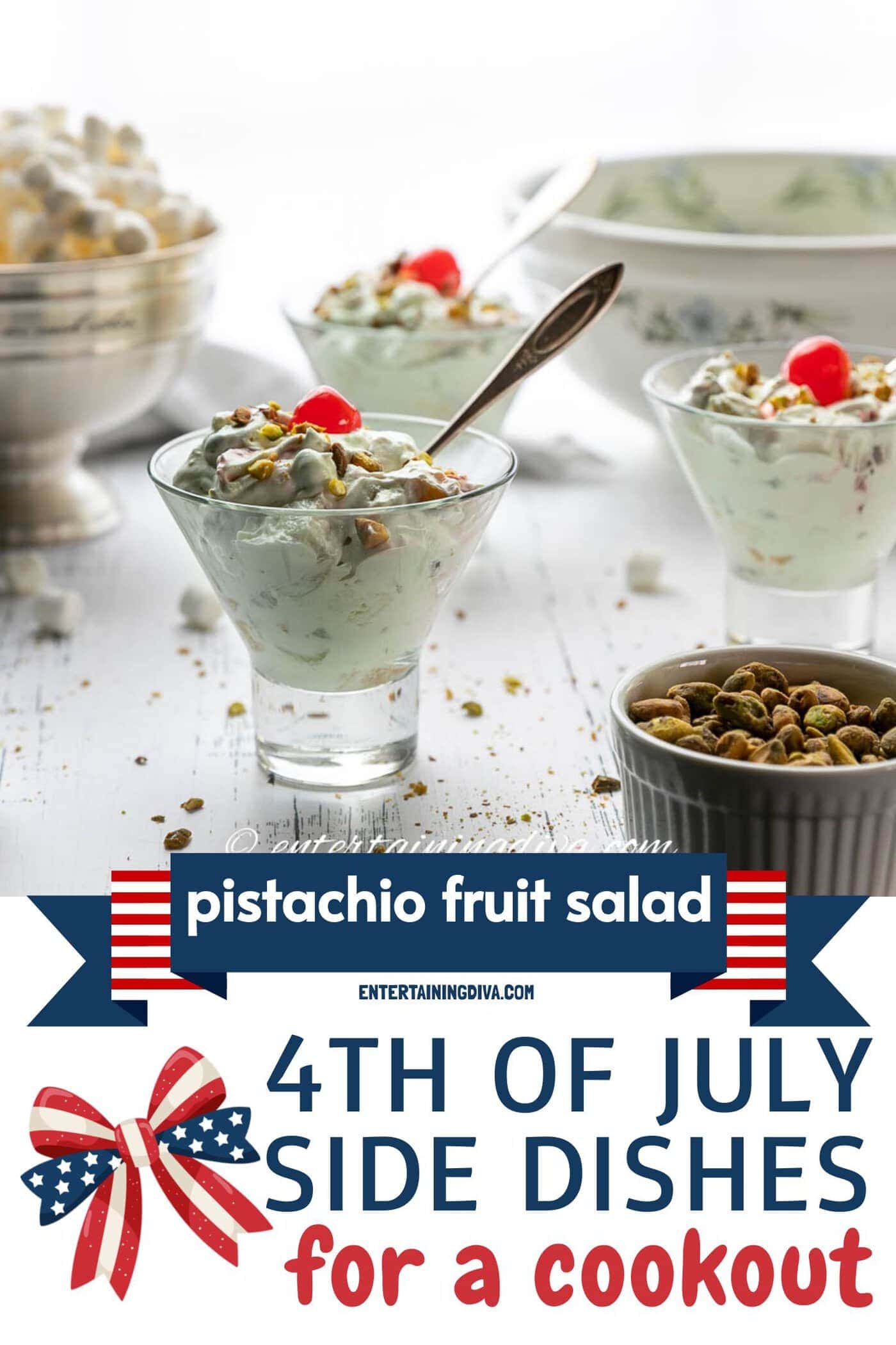 Side view of Watergate salad with spoons and cherries