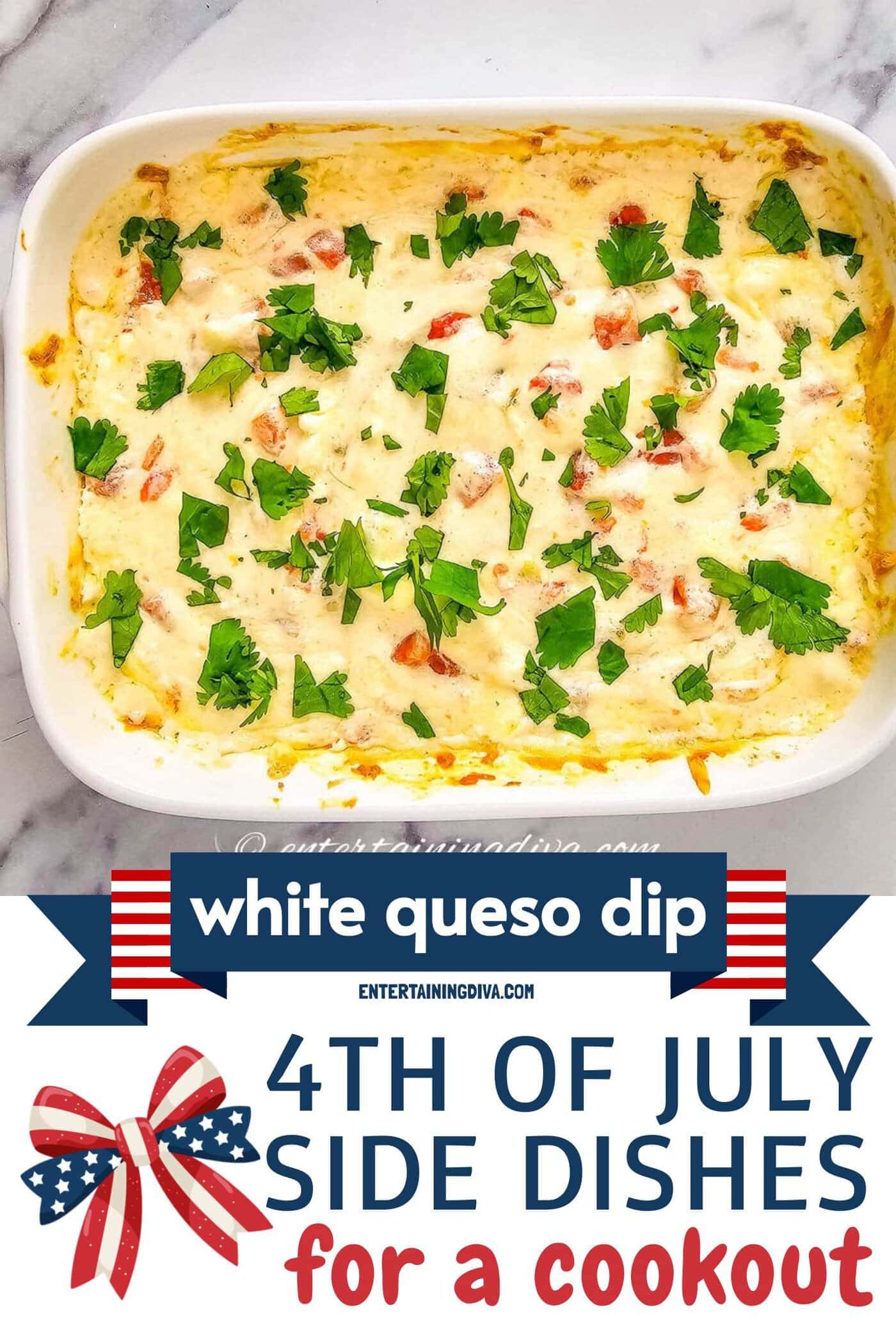 white queso in a baking dish with Cilantro garnish