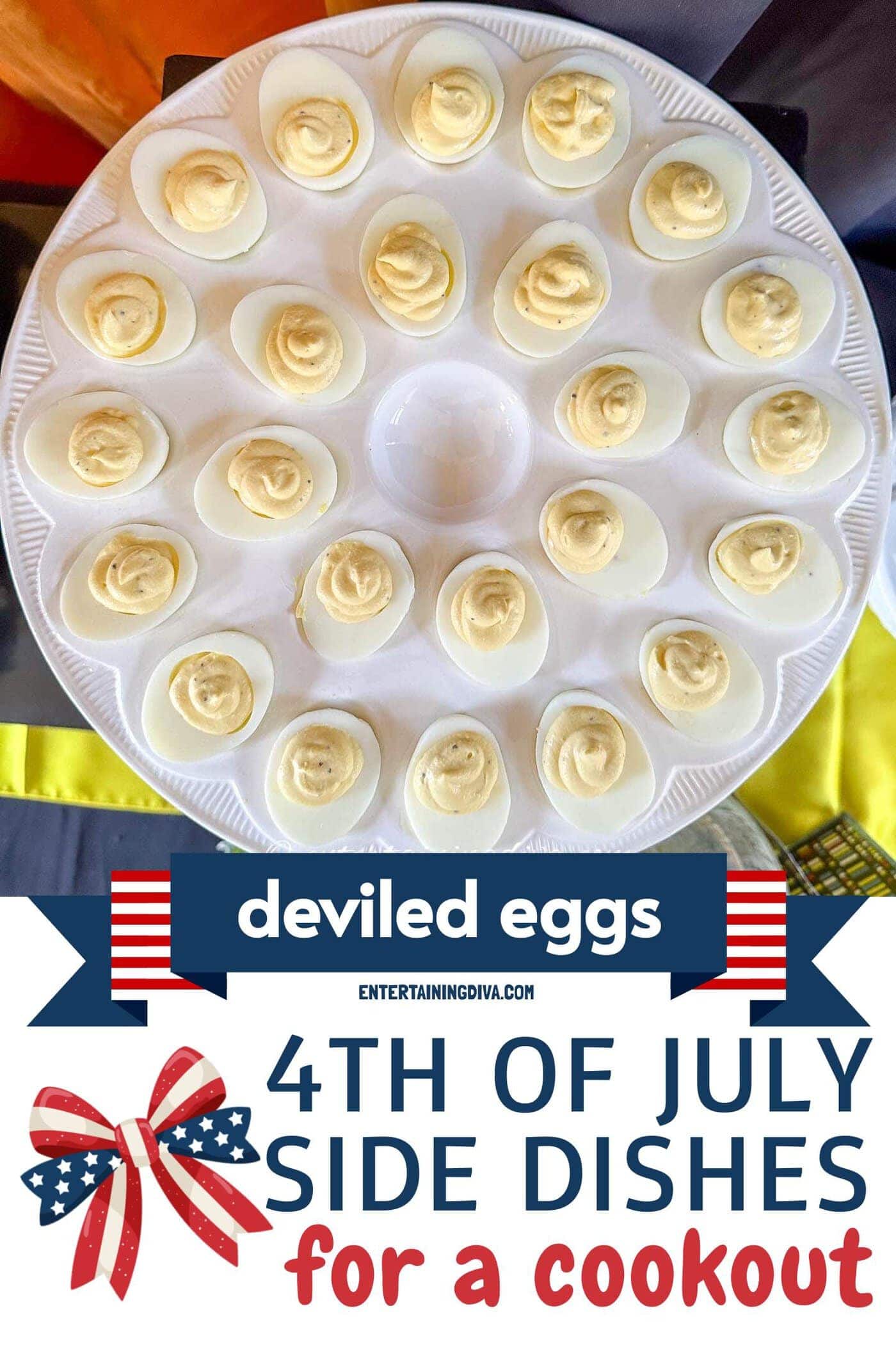 Overhead of classic deviled eggs on a plate