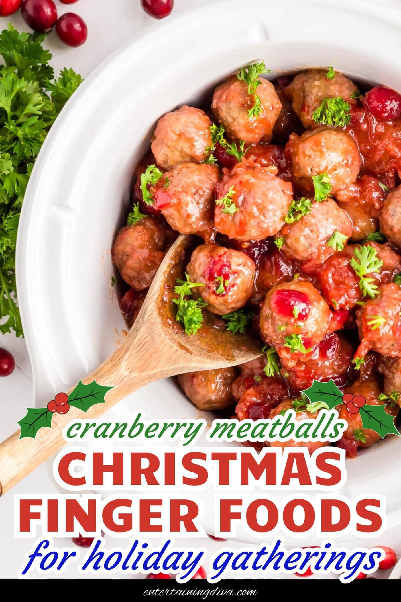 chili sauce cranberry meatballs garnished with parsley in a crockpot