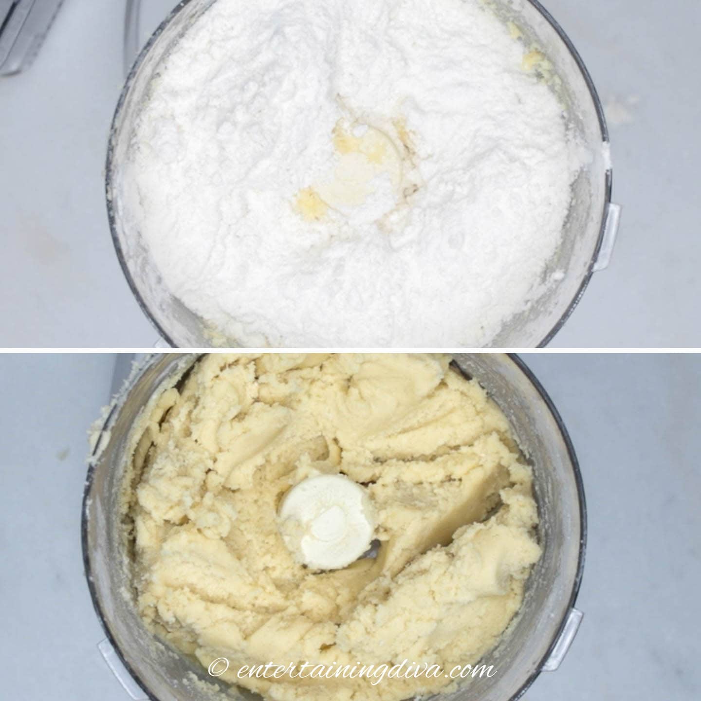 Flour added and combined with the dough in a food processor.