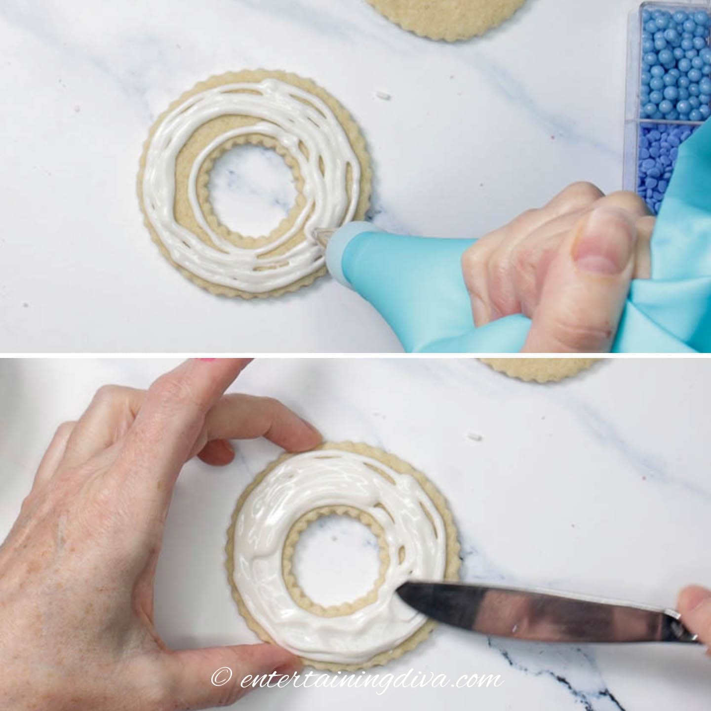 Flooding the wreath cookies with white royal icing