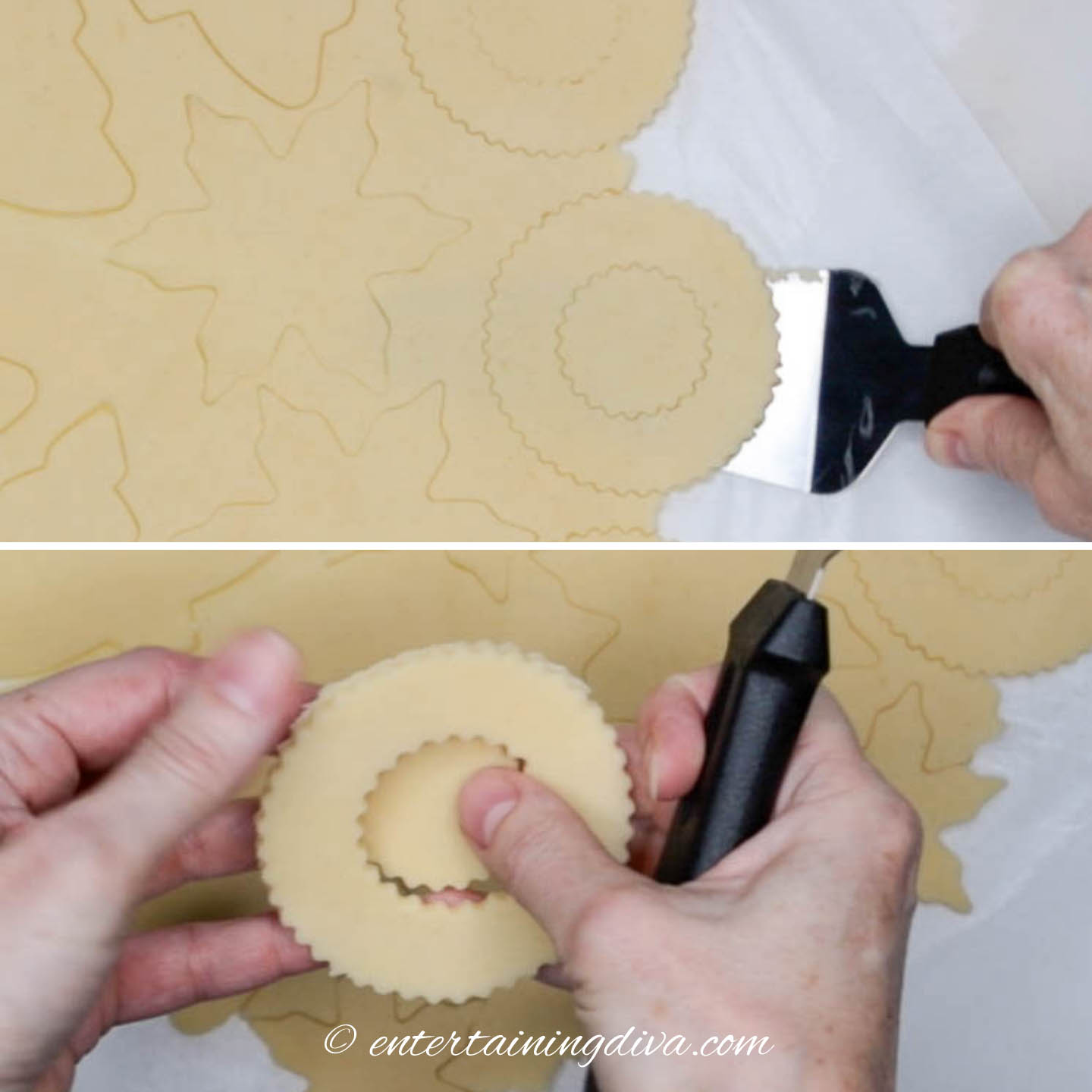Removing the wreath shapes from the cookie dough