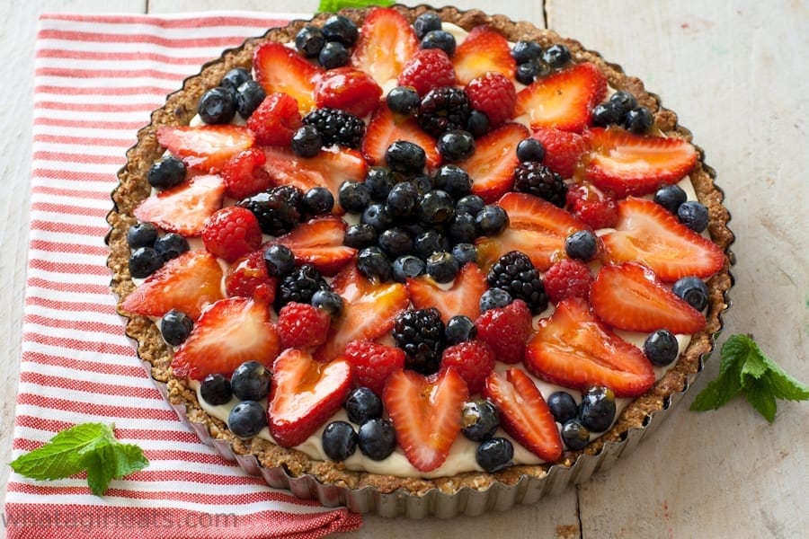 grain free red, white and blueberry tart