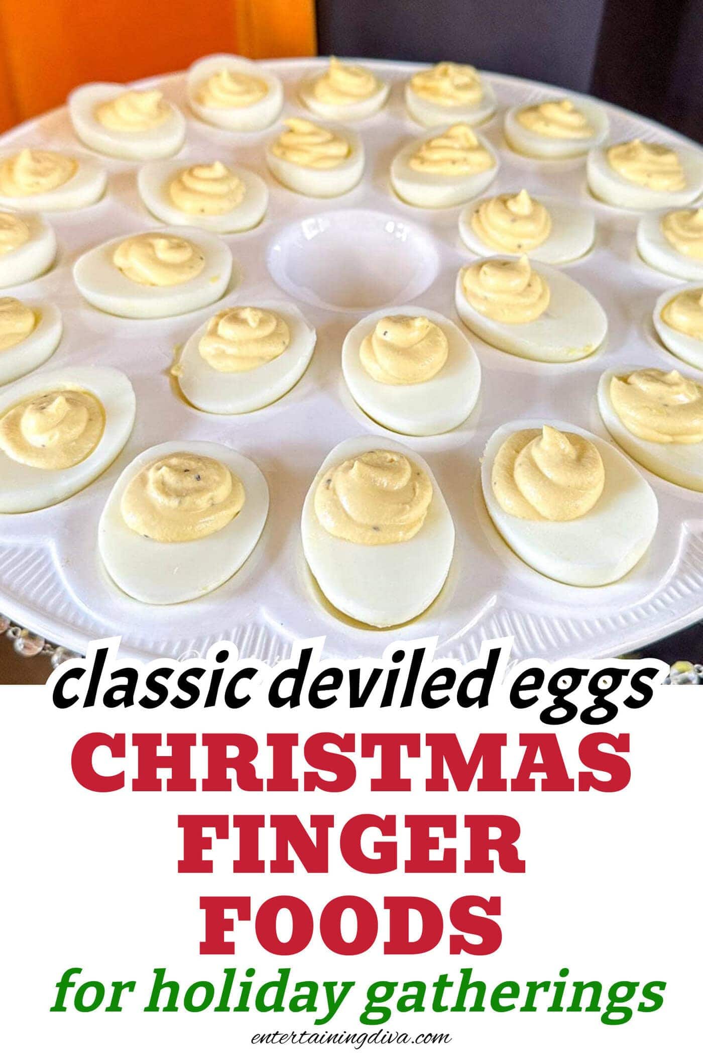 Classic deviled eggs on a plate with orange and yellow decorations.