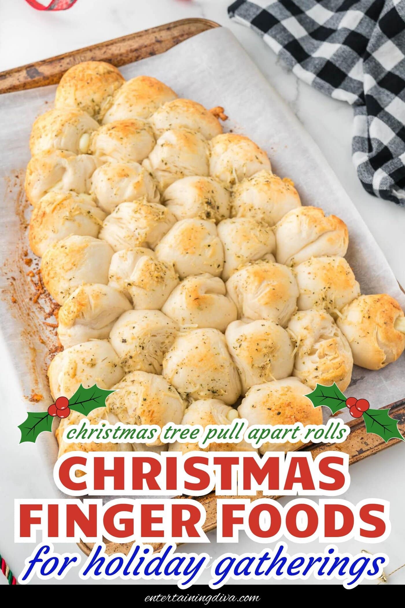 cheesy and garlicky Christmas tree pull apart bread on a baking sheet after baking