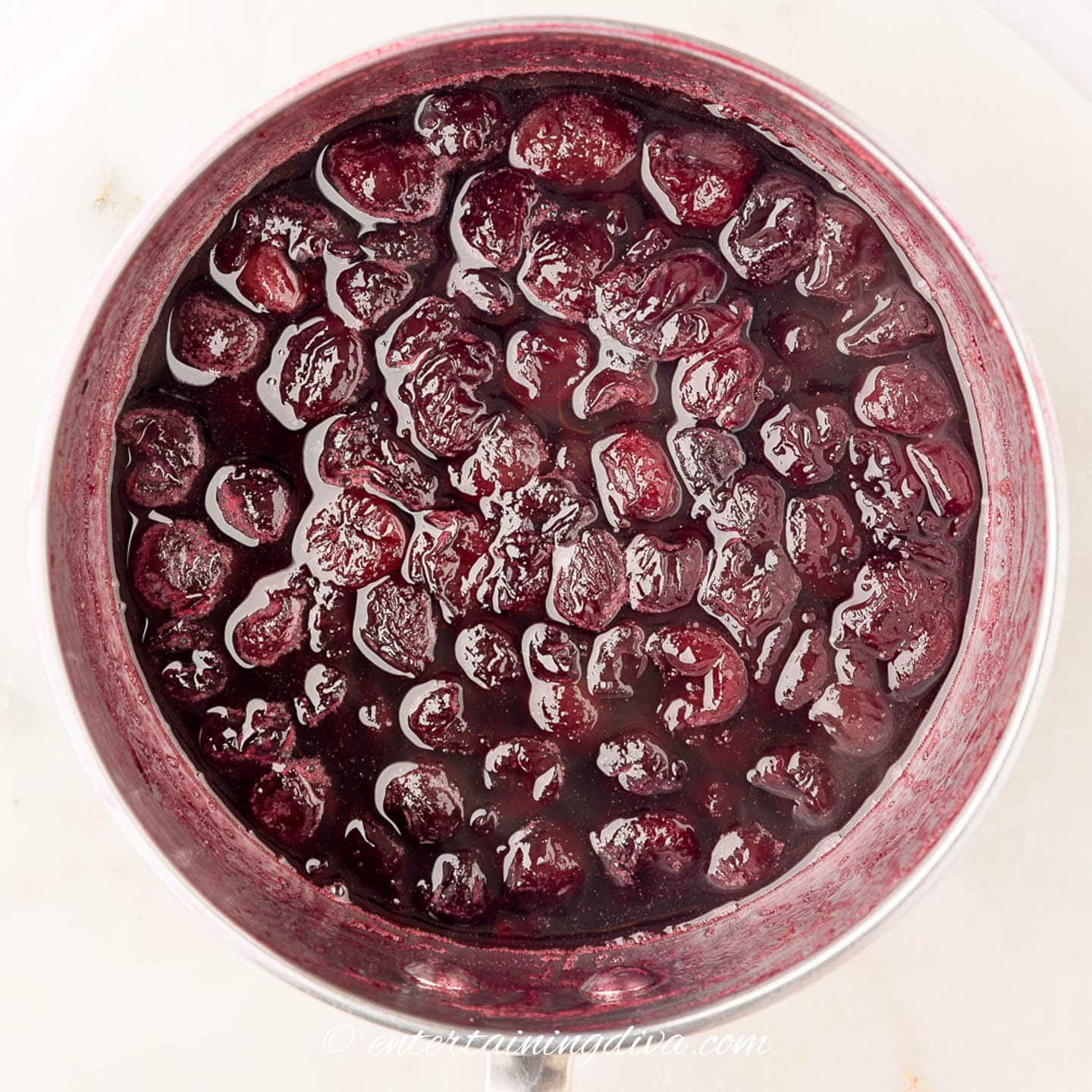 Cherry compote in a saucepan after cooking