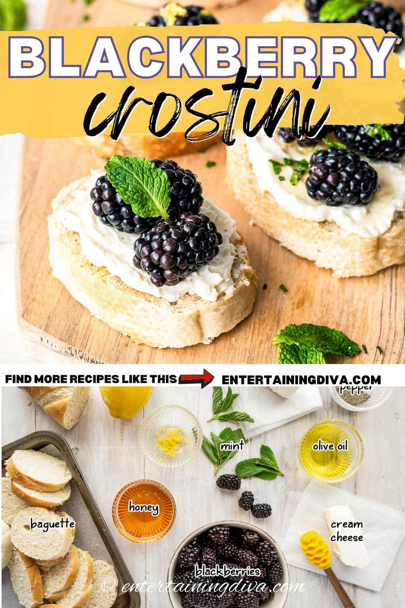 A picture of blackberry crostini with a picture of the ingredients underneath. The text Blackberry crostini is written across the top.