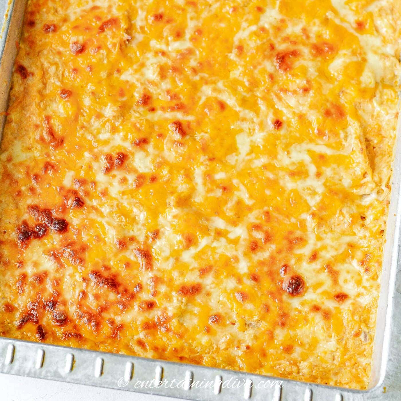 baked buffalo chicken dip in a pan