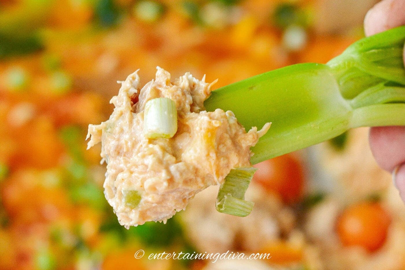close up of buffalo chicken dip on a celery stick