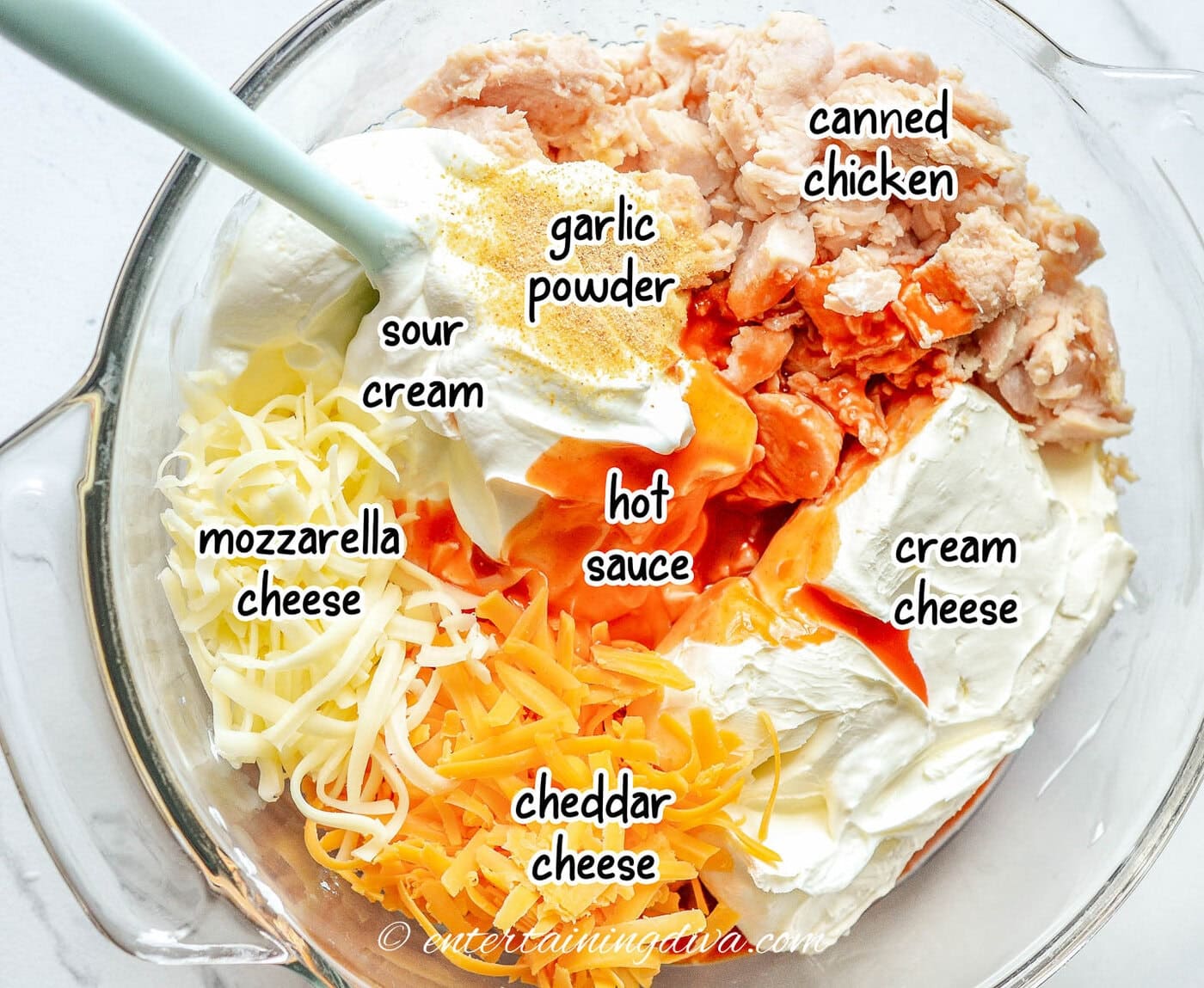 buffalo chicken dip ingredients in a bowl