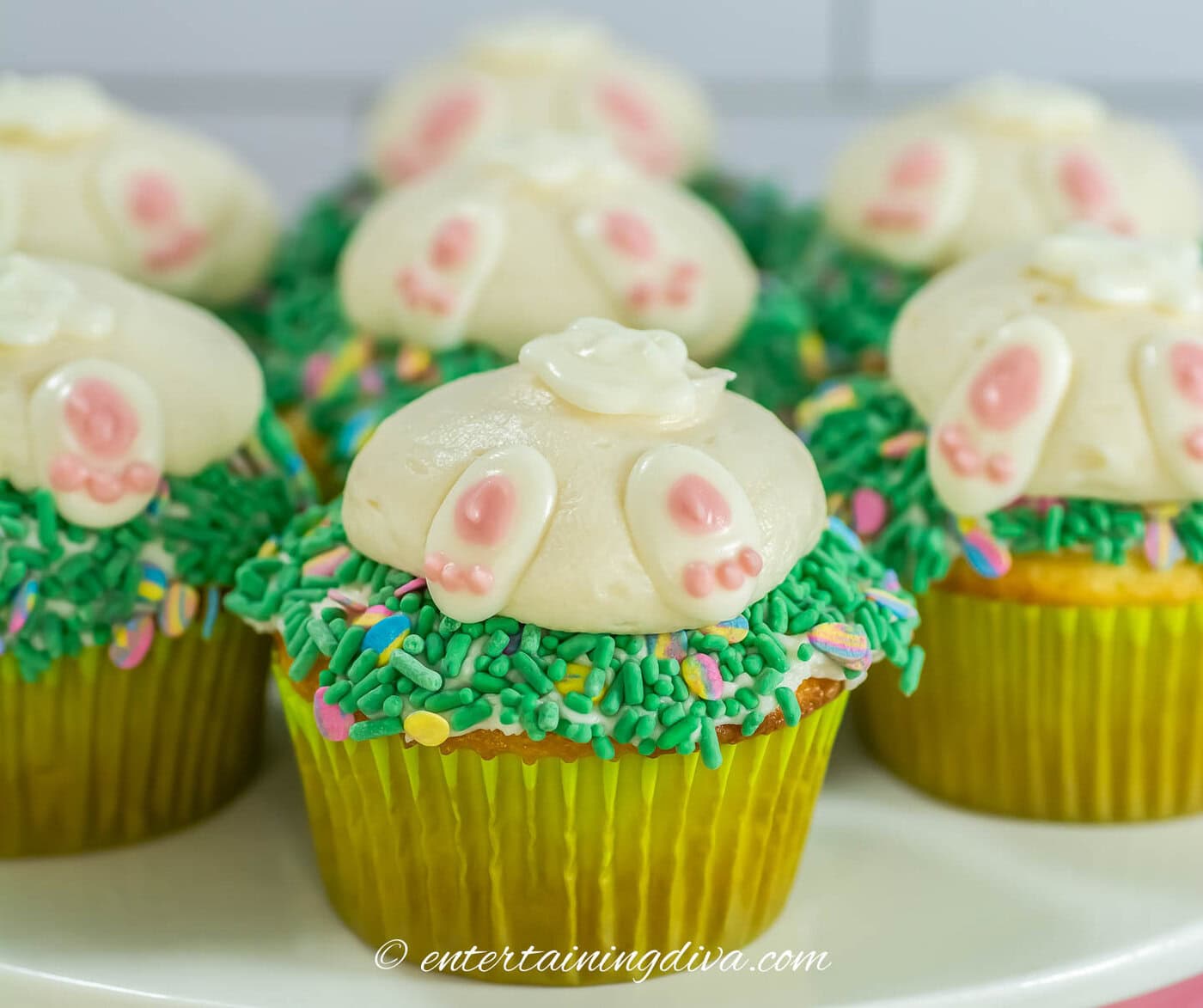 bunny bum Easter cupcakes on a plate