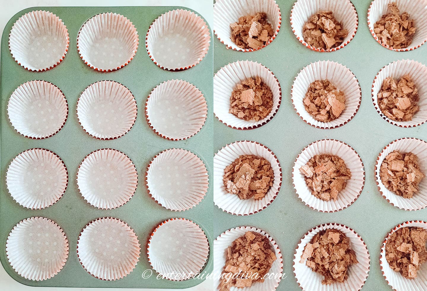 Cupcake tin lined and the bottom filled with crushed chocolate wafers