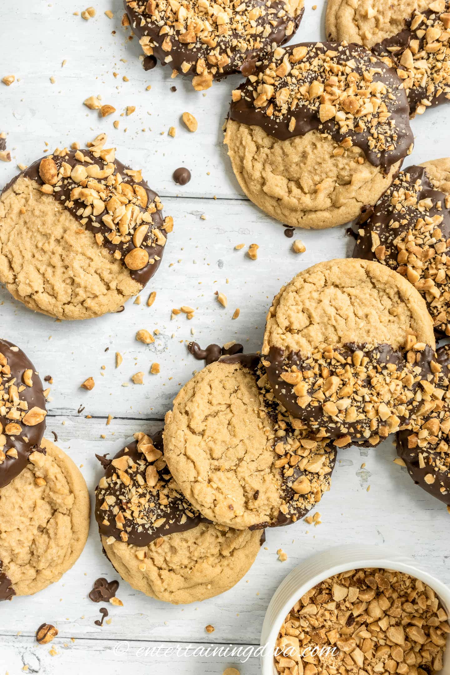 Peanut butter and chocolate cookies on a white table