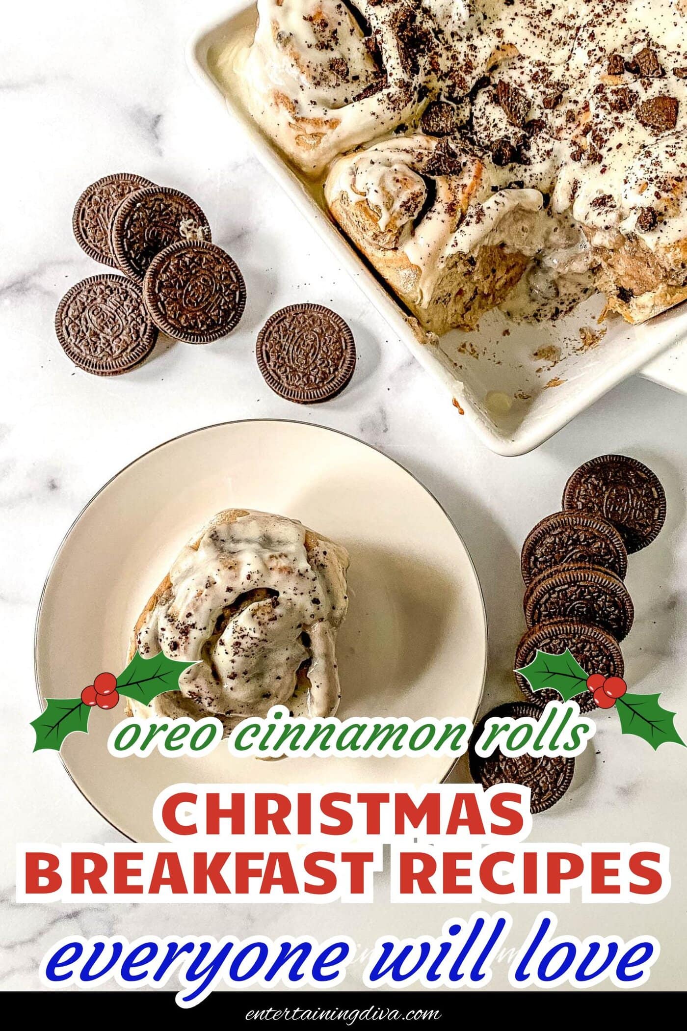 Overhead picture of an Oreo cinnamon roll on a plate beside a pan of cinnamon rolls with Oreo cookies on the icing