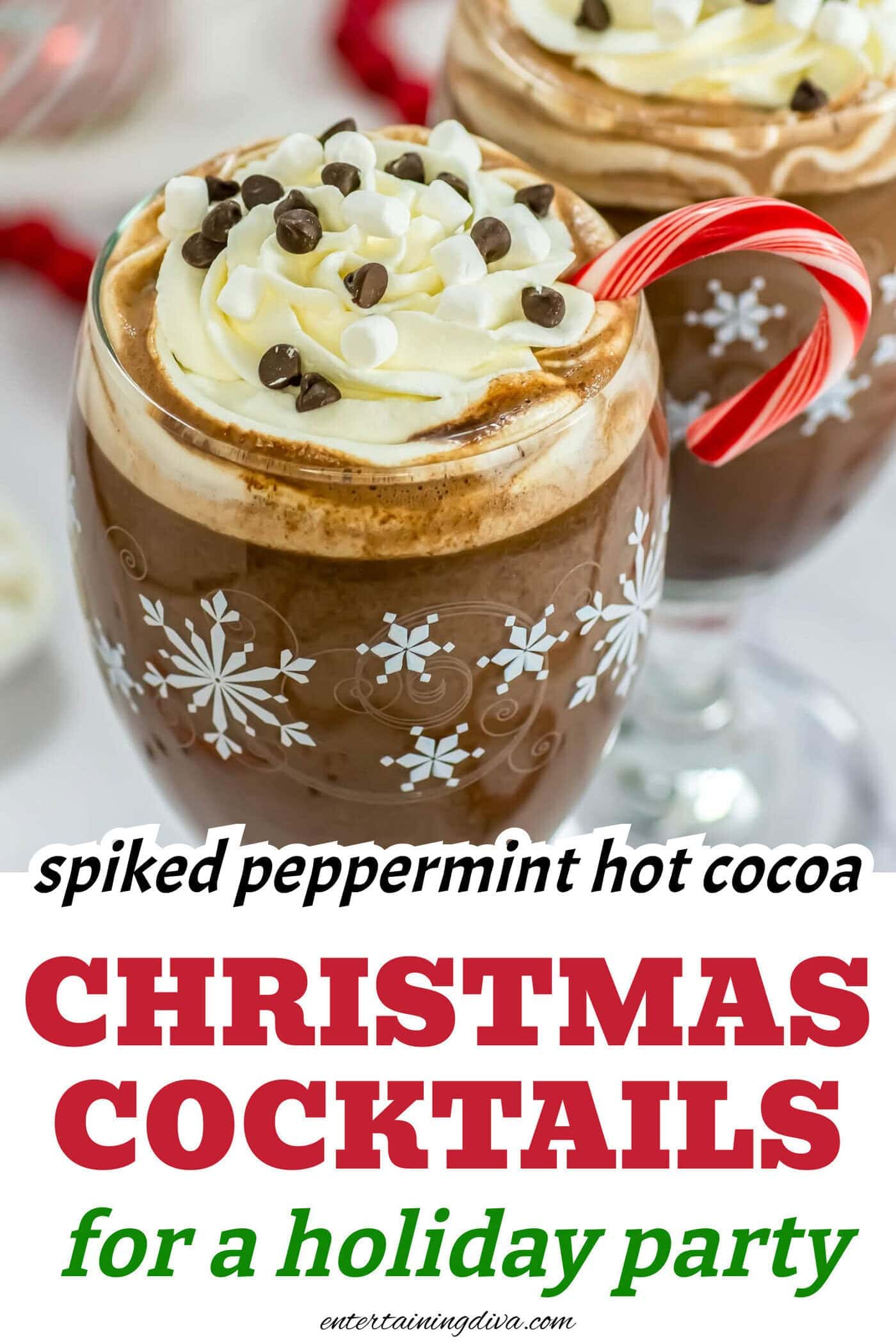 Close up of spiked peppermint hot cocoa in a clear glass