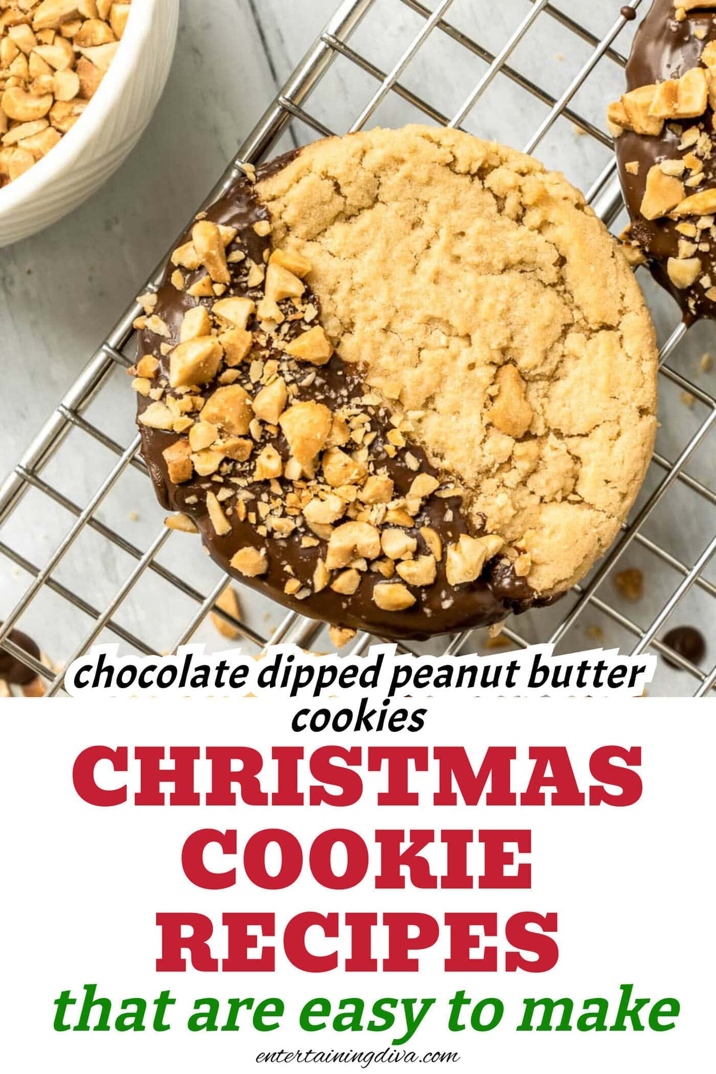 Chocolate-dipped peanut butter cookies on a cooling rack.