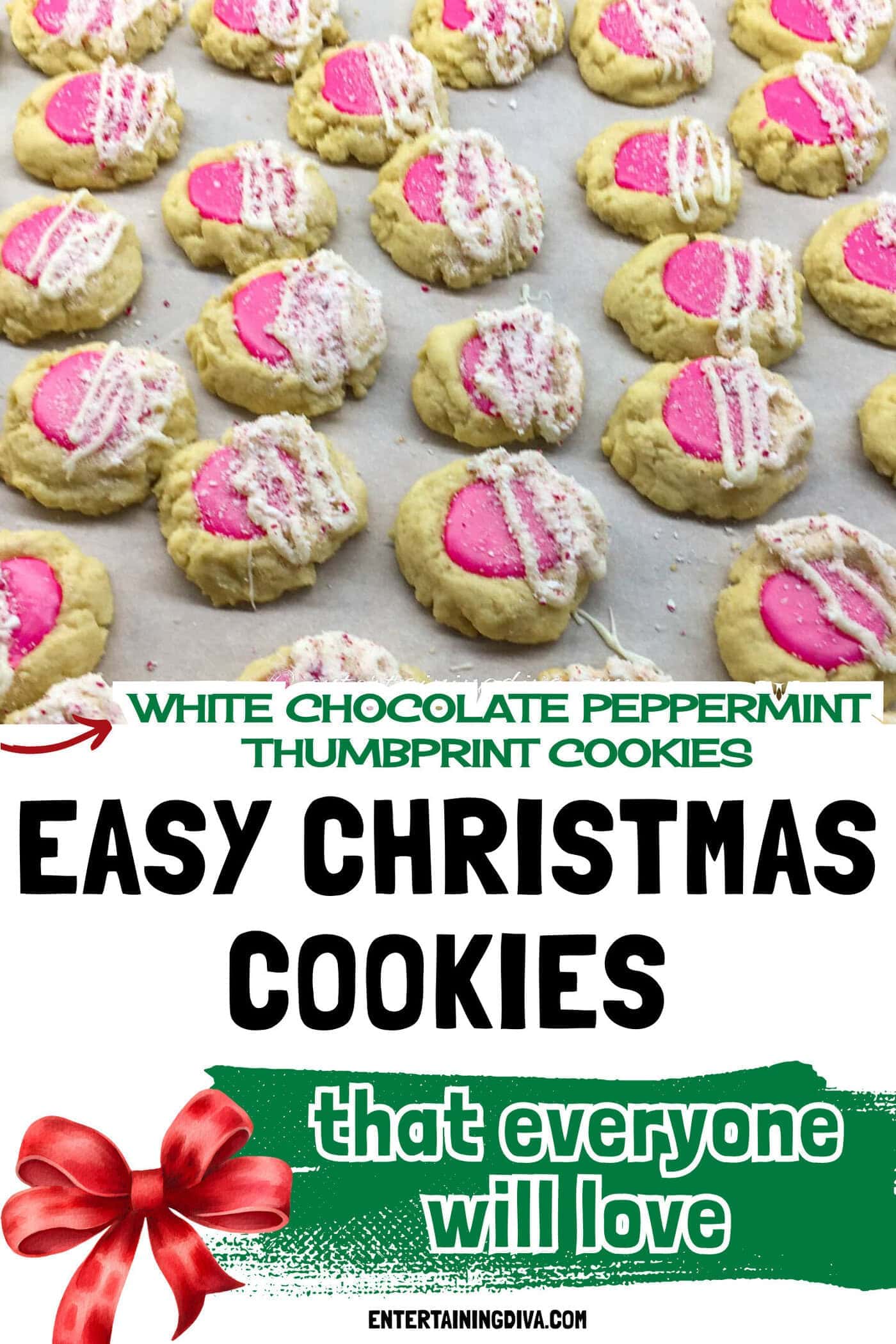 a stack of white chocolate peppermint thumbprint cookies on a plate