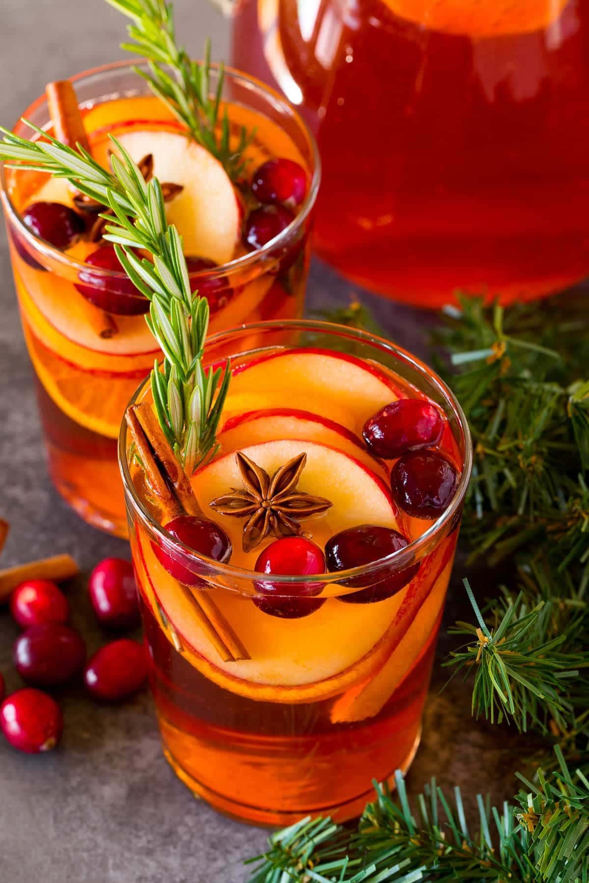 Two glasses of apple cider with cinnamon sticks and cranberries.