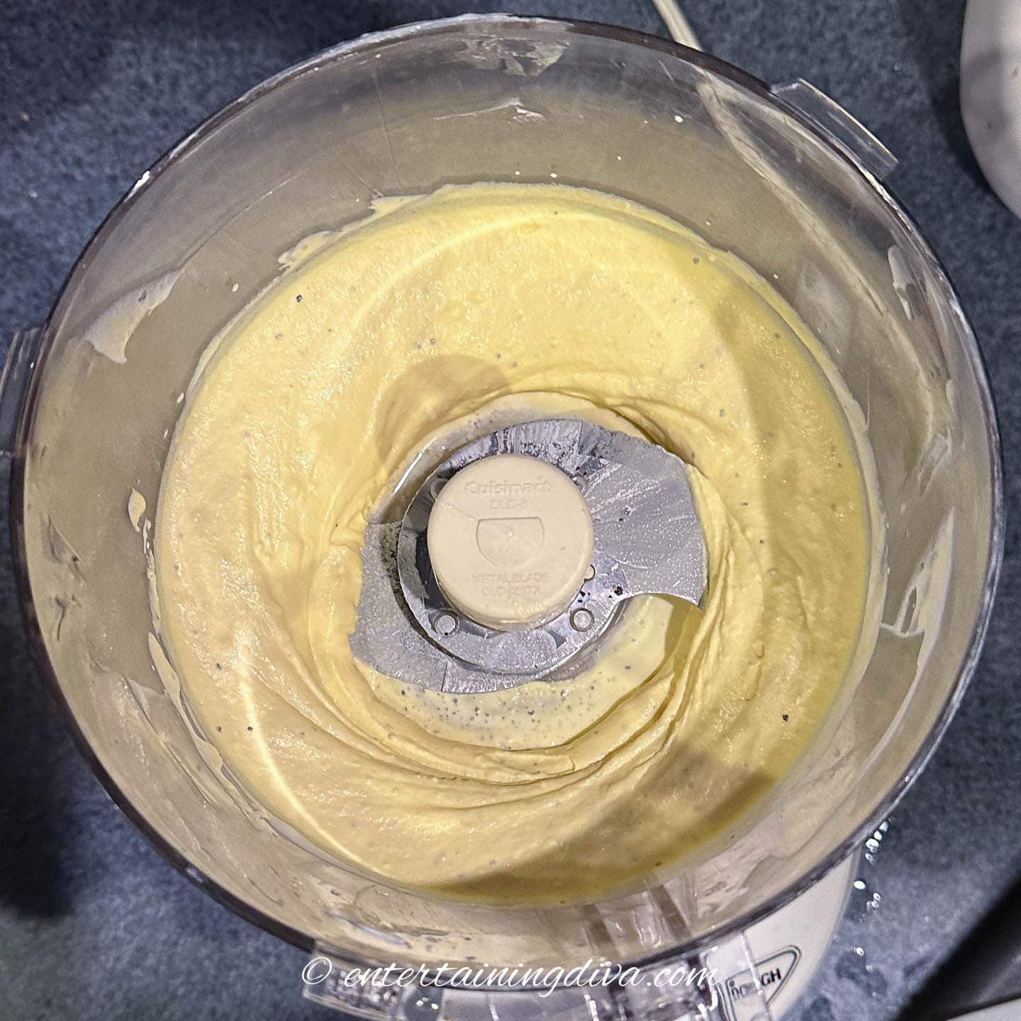 Deviled egg filling in a food processor