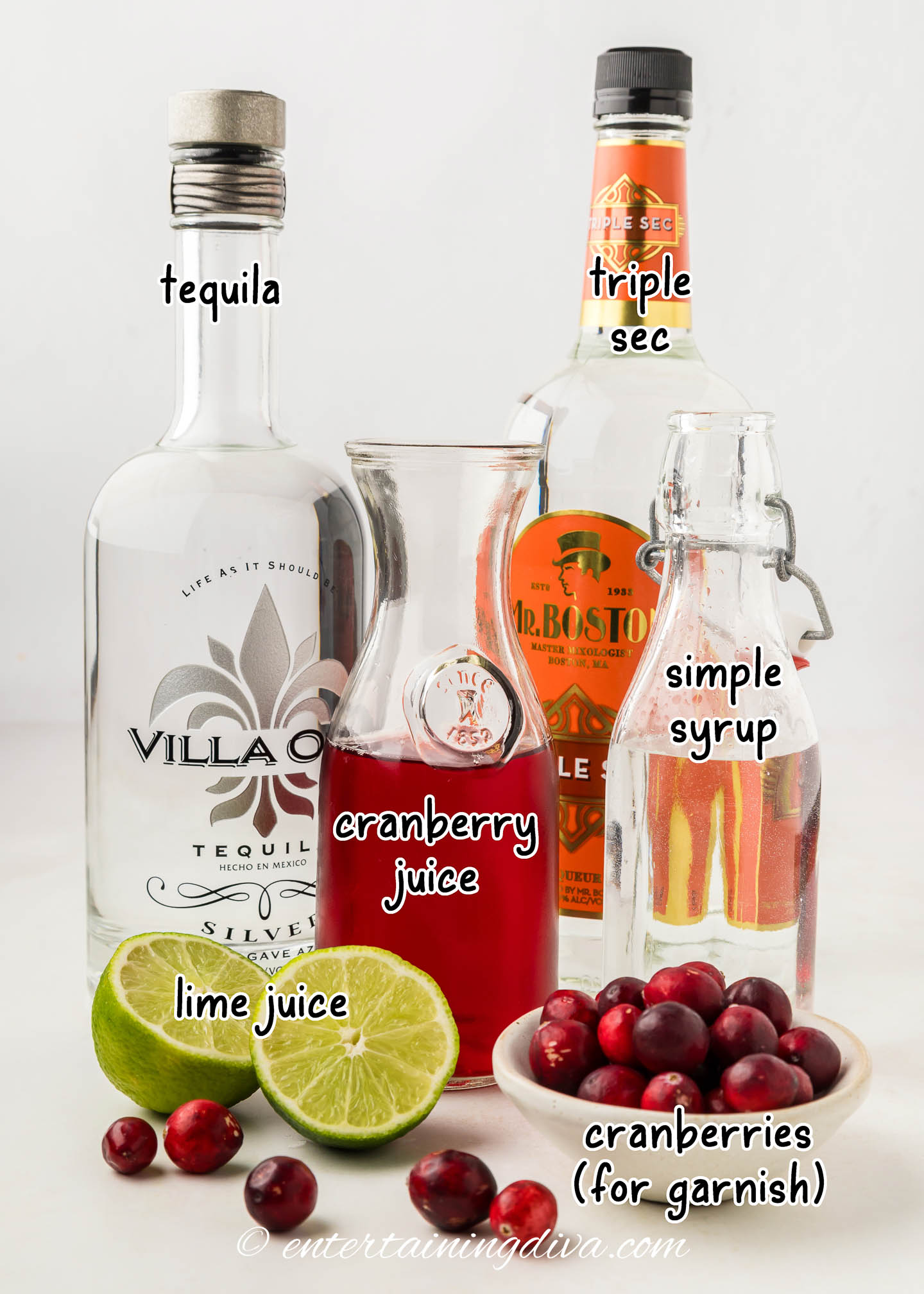 cranberry margarita ingredients - tequila, triple sec, cranberry juice, lime juice, simple syrup