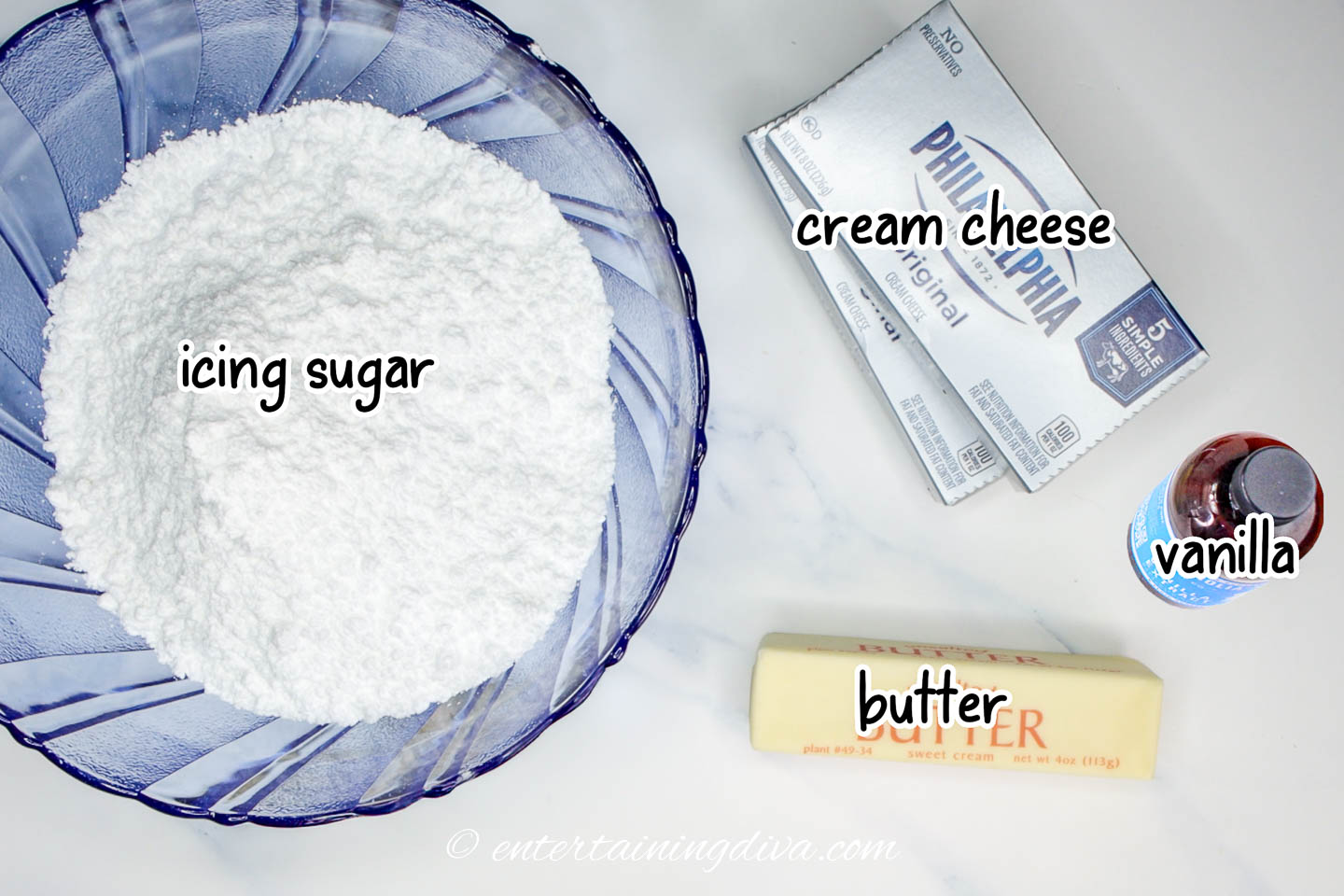 cream cheese frosting ingredients - cream cheese, butter, icing sugar and vanilla