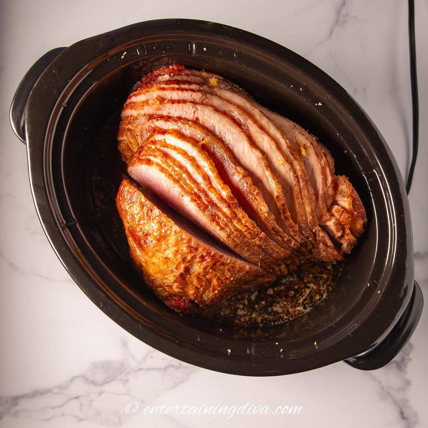 a spiral ham in a slow cooker after cooking