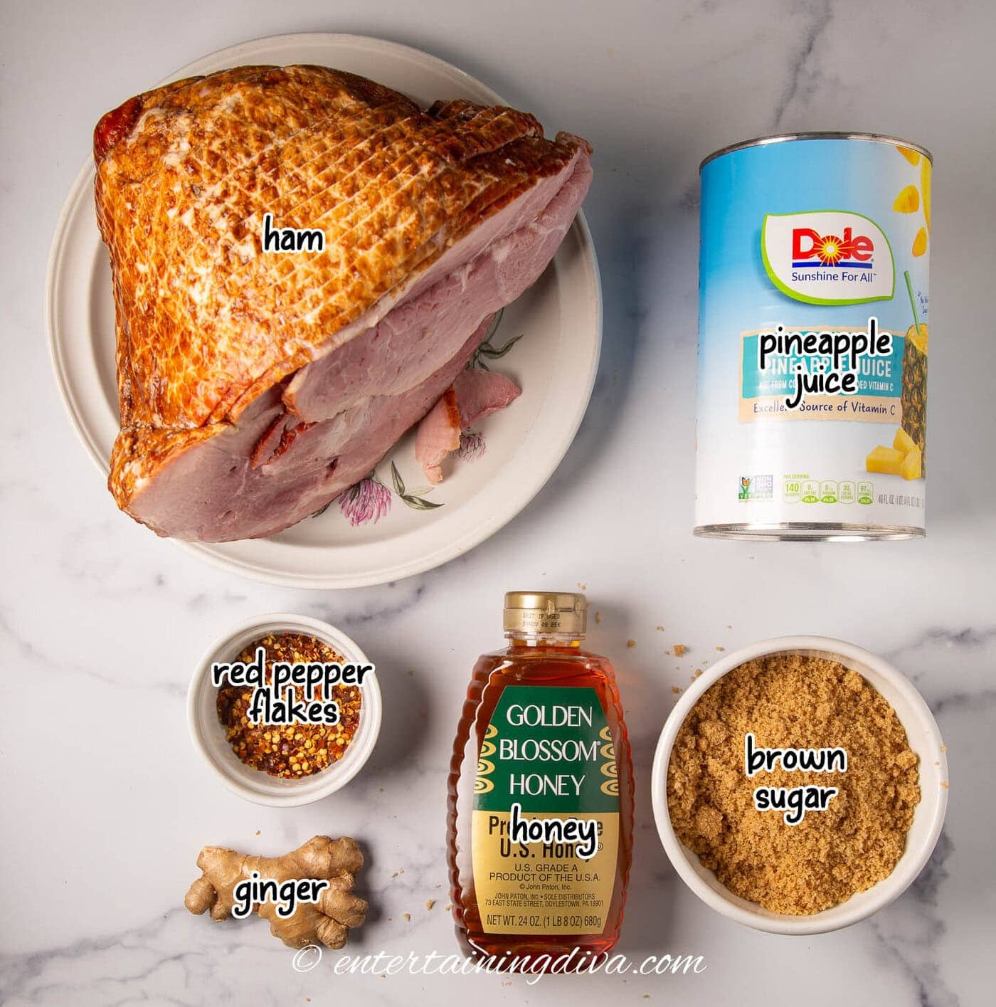 crock pot ham ingredients - spiral ham, pineapple juice, red pepper flakes, ginger, honey and brown sugar