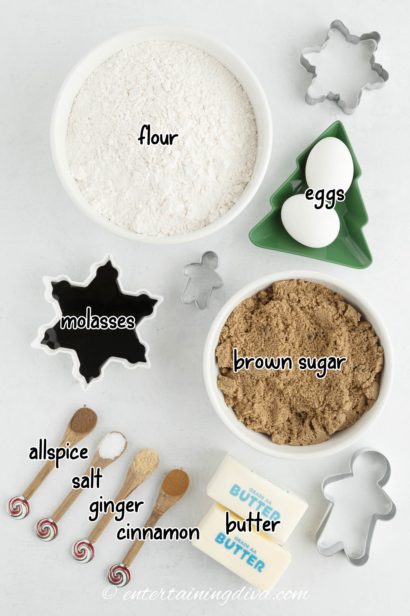 ingredients for cut out gingerbread cookies - flour, eggs, brown sugar, butter, allspice, salt, ginger and cinnamon