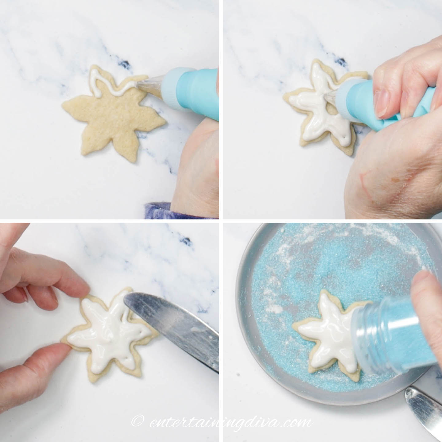 how to outline and flood snowflake sugar cookies