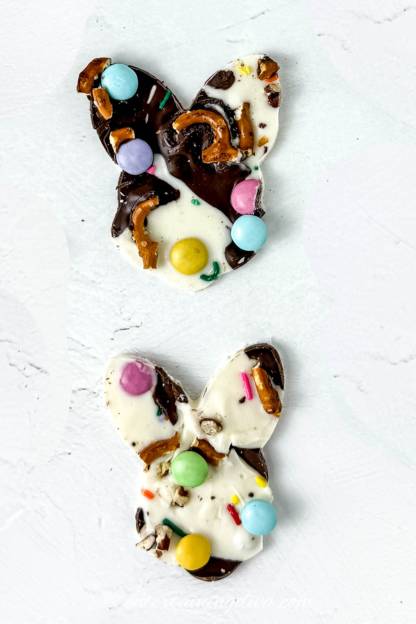 marbled chocolate Easter bark candies cut into bunny shapes