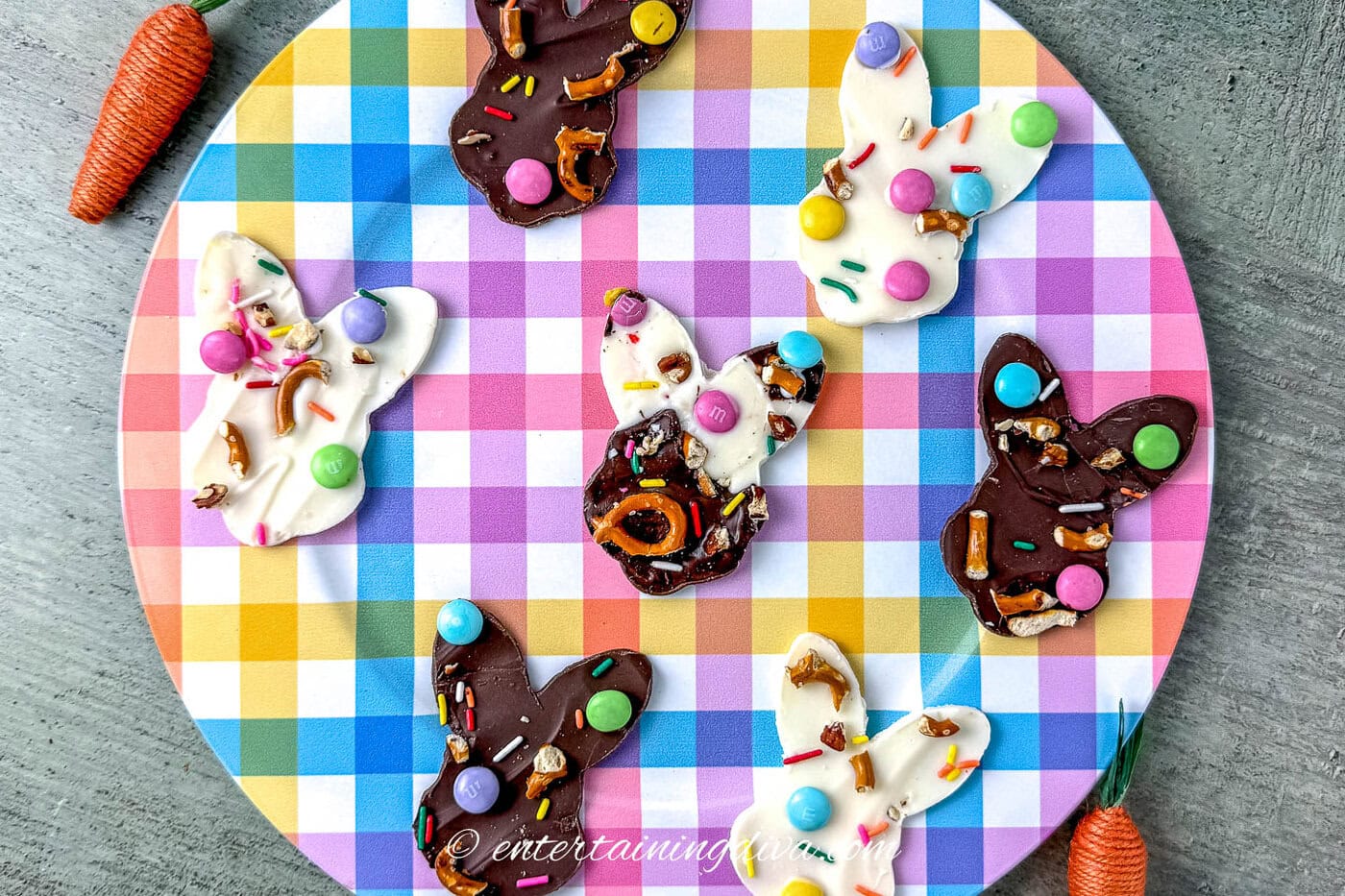 3 milk chocolate bunny Easter bark candies with 3 white chocolate Easter bark bunnies and 1 marbled bunny