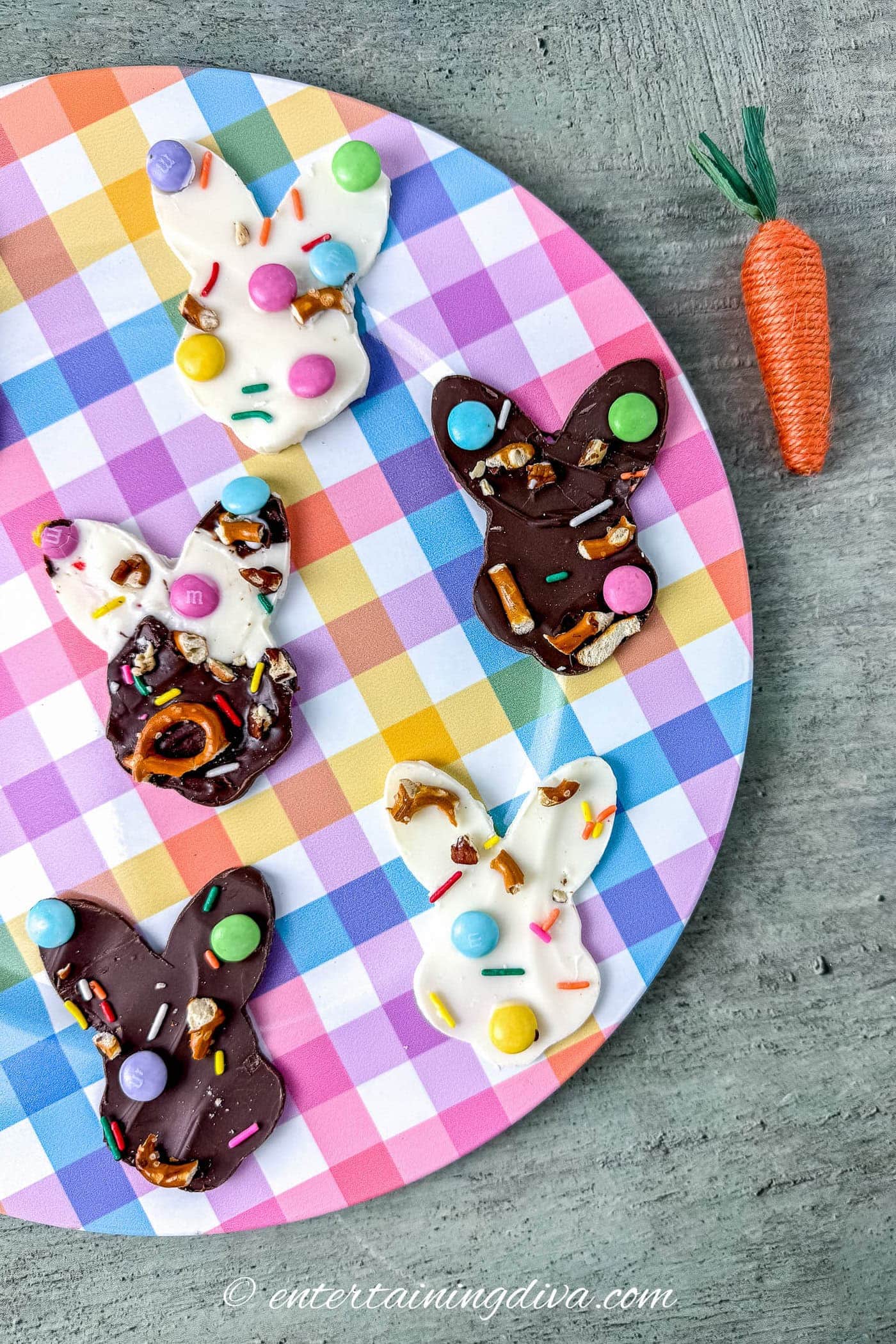 Overhead picture of chocolate bunny Easter bark candies