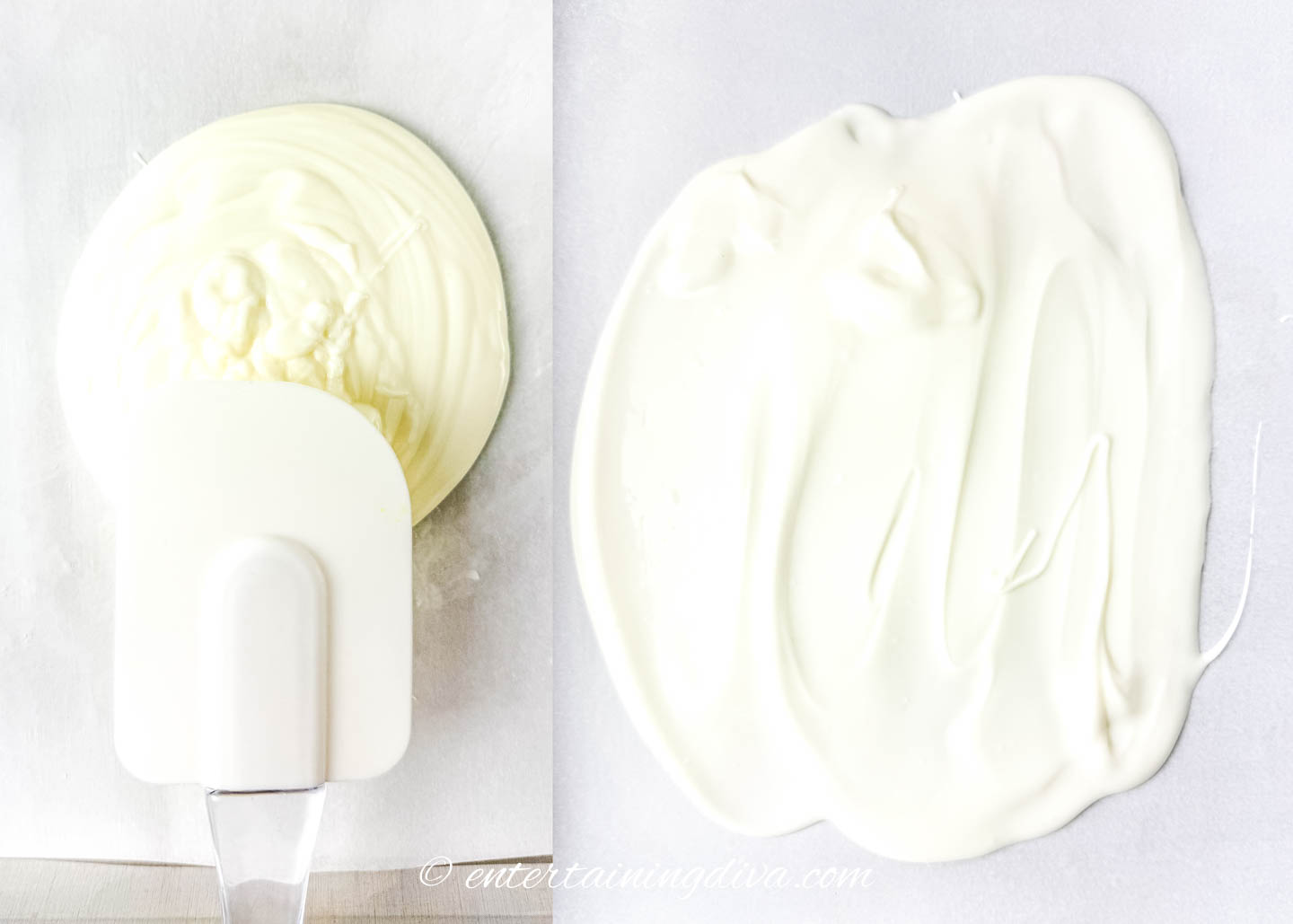melted white chocolate spread with a spatula on parchment paper