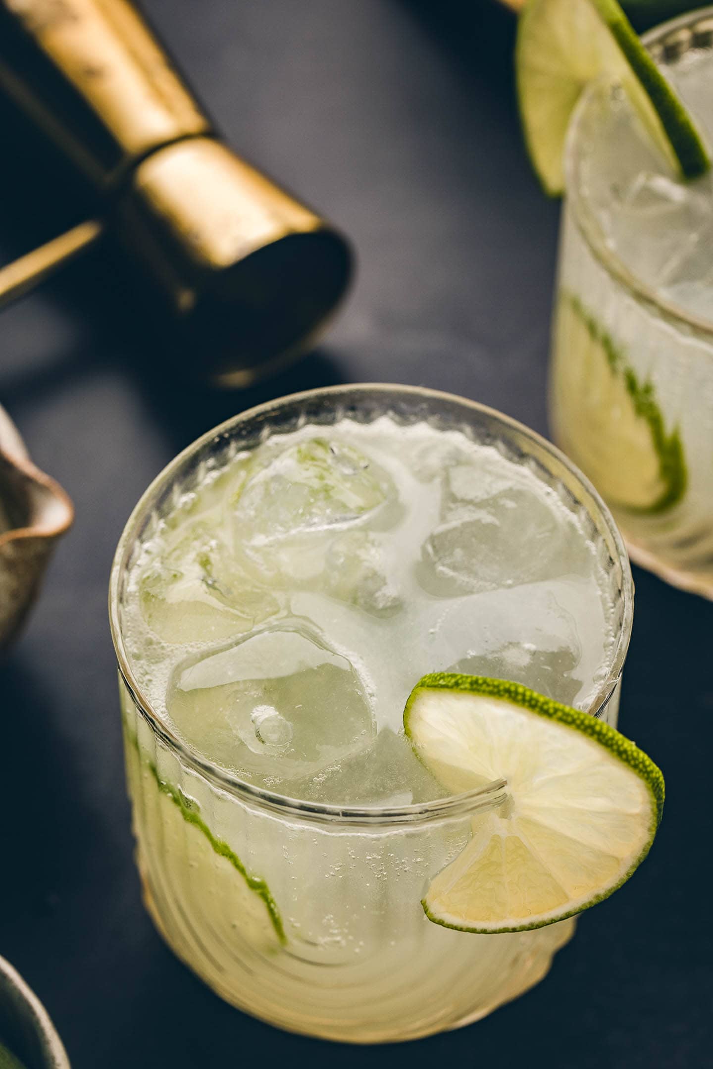 Gin rickey with a lime wheel garnish on the rim of the glass