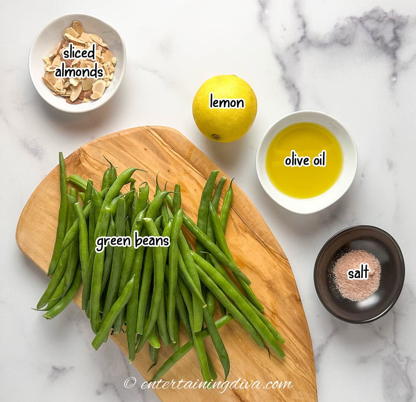 green beans almondine ingredients - green beans, sliced almonds, lemon, olive oil, salt