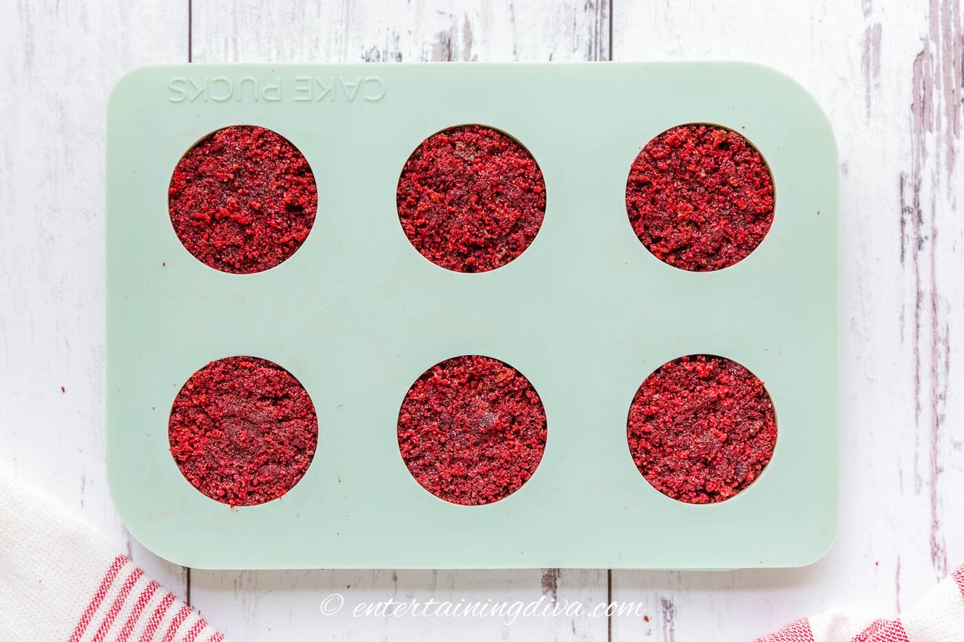 red velvet cake in a cake puck mold